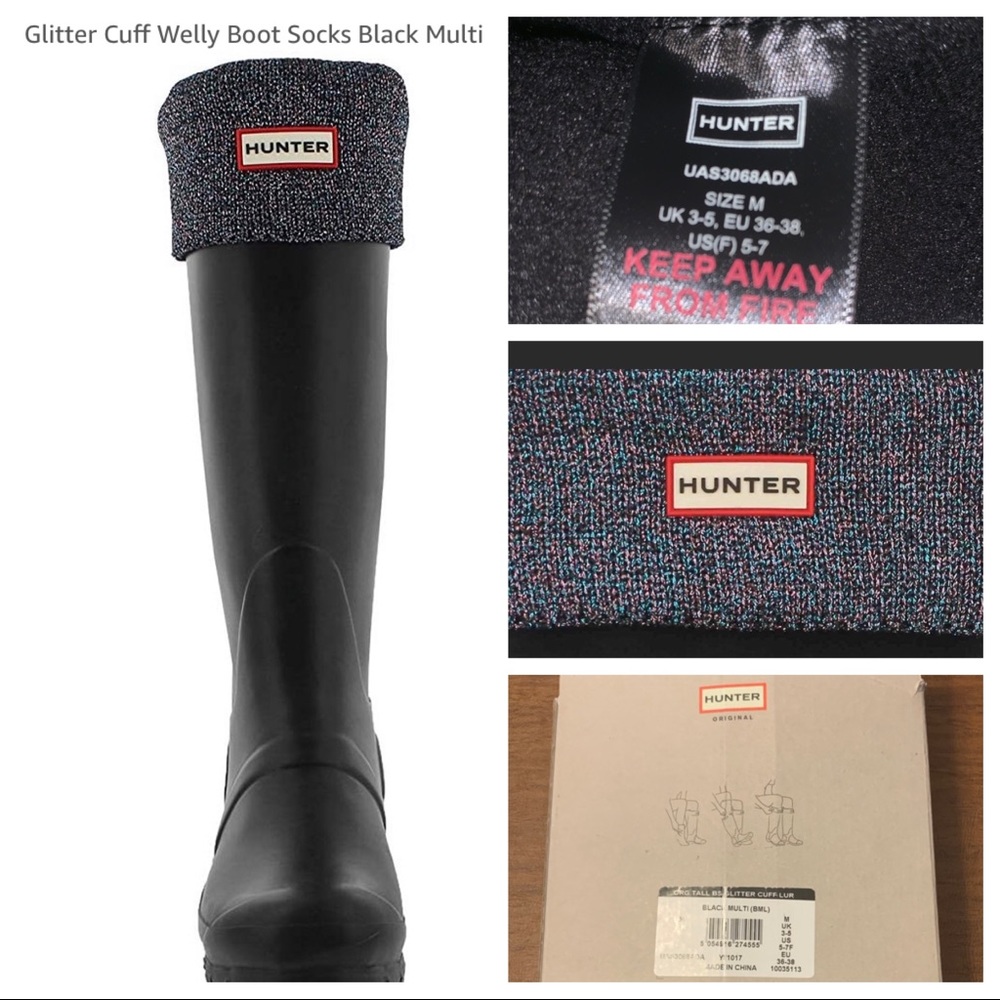 HUNTER NEW BLACK MULTI GLITTER CUFF SOCKS SZ M NIB